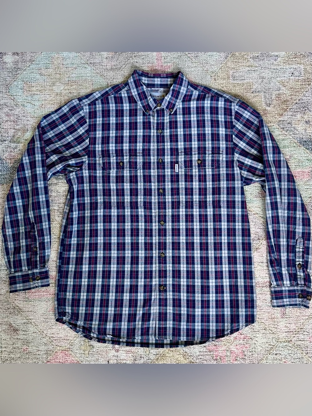 Carhartt Men's Navy, White & Red Plaid Button-Down Shirt
